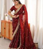 maroon women embellished embroidered satin designer saree