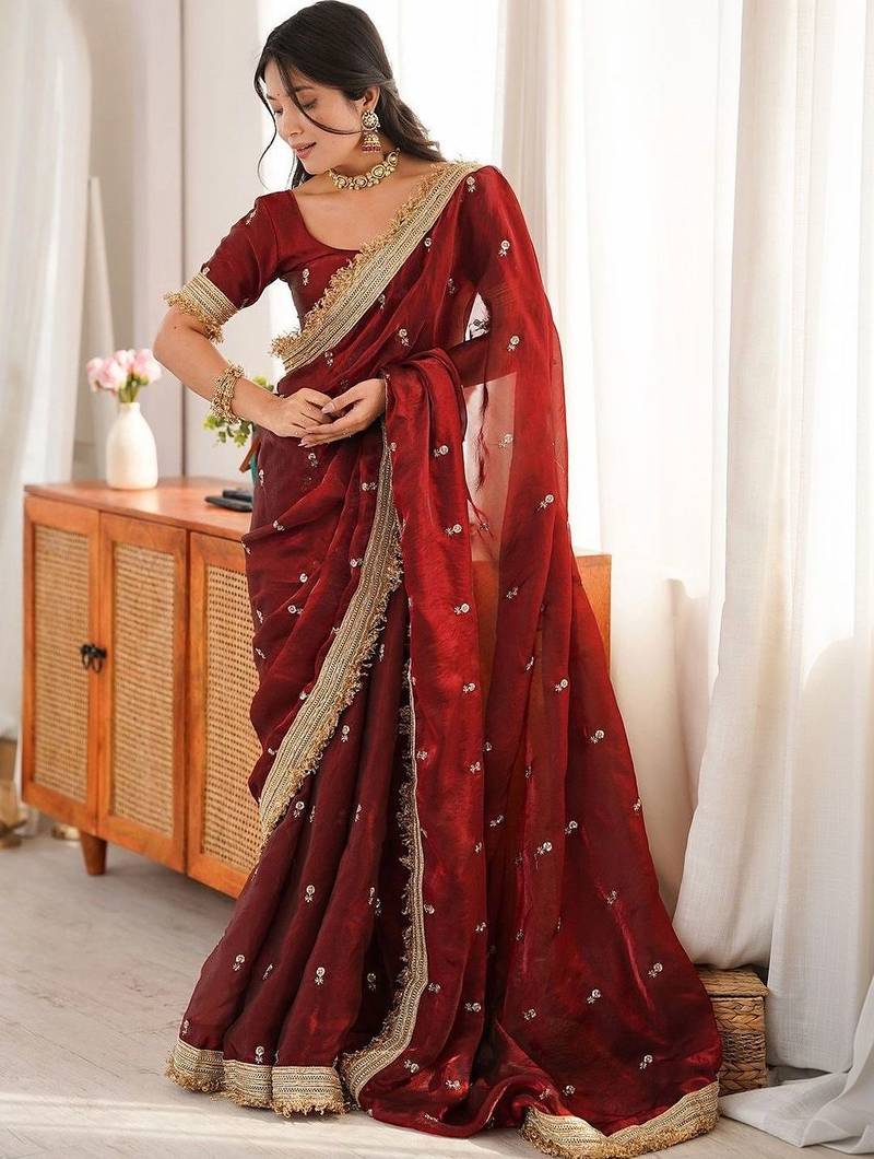 maroon women embellished embroidered satin designer saree