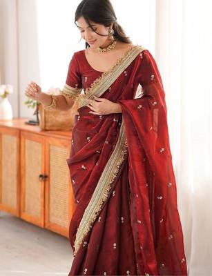 maroon women embellished embroidered satin designer saree 2