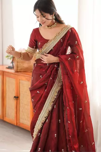 maroon women embellished embroidered satin designer saree
