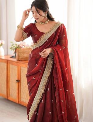 maroon women embellished embroidered satin designer saree 3