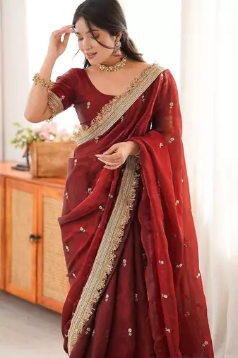 maroon women embellished embroidered satin designer saree