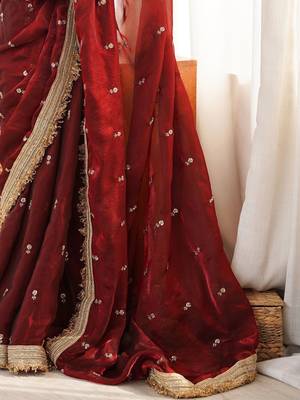 maroon women embellished embroidered satin designer saree 4