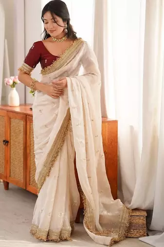 off_white embellished embroidered satin designer saree