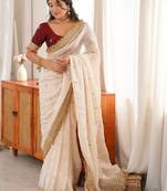 off_white embellished embroidered satin designer saree