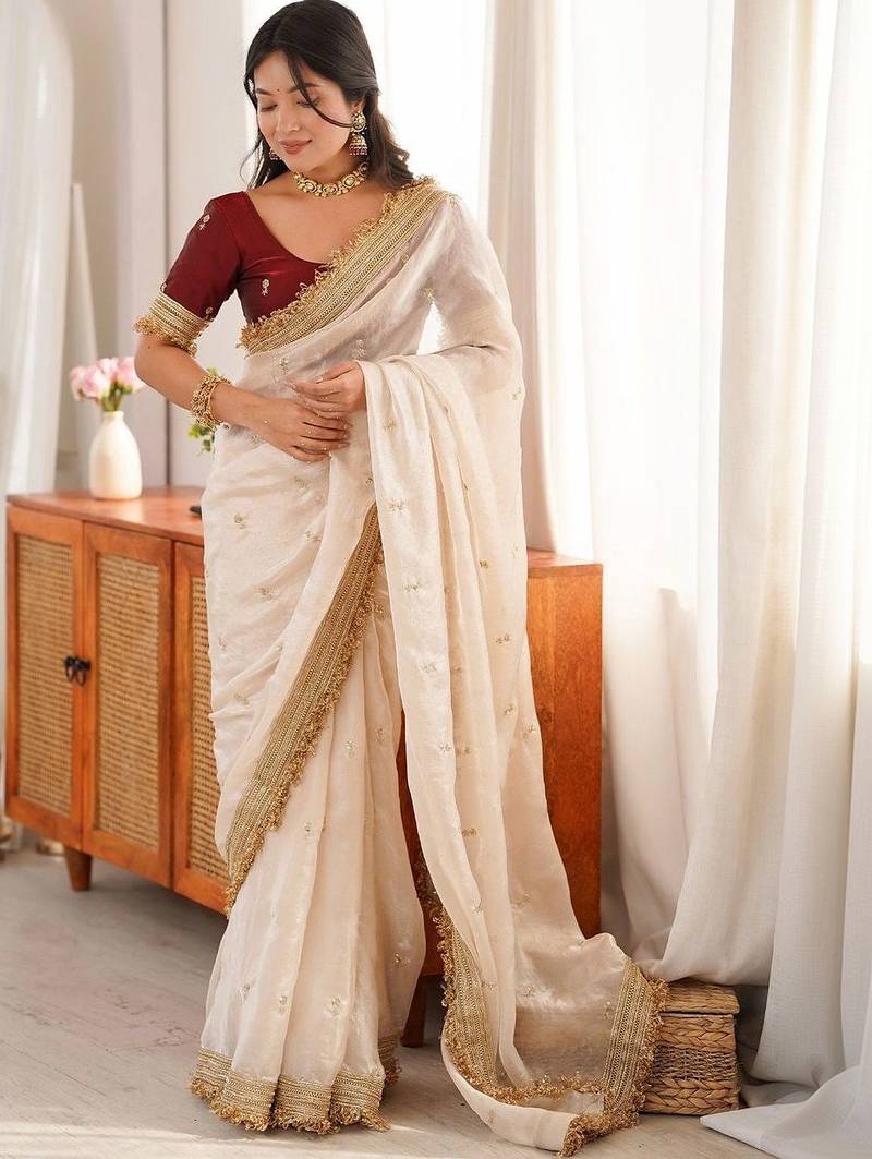 off_white embellished embroidered satin designer saree