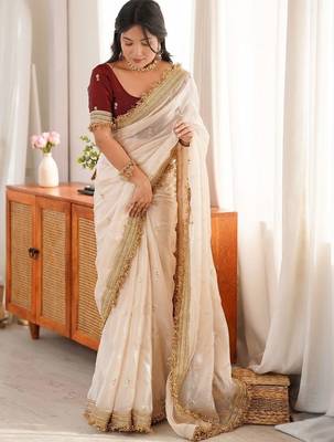 off_white embellished embroidered satin designer saree 2