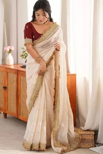 off_white embellished embroidered satin designer saree