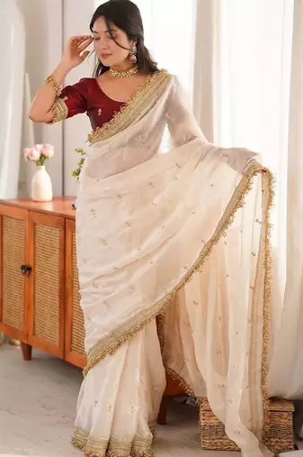 off_white embellished embroidered satin designer saree