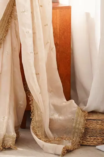off_white embellished embroidered satin designer saree