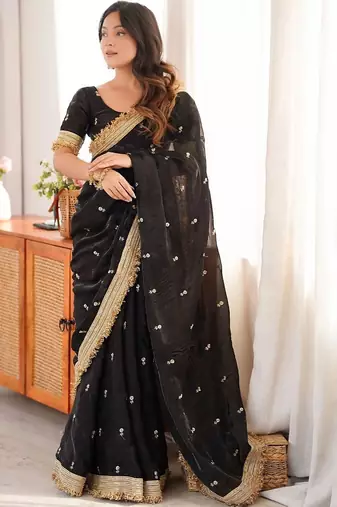 black embellished embroidered satin designer saree
