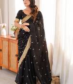 black embellished embroidered satin designer saree