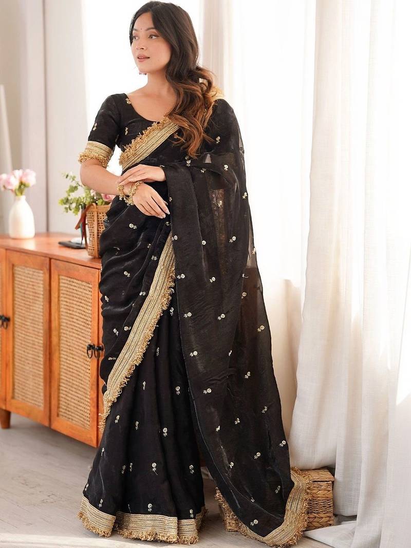 black embellished embroidered satin designer saree