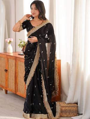 black embellished embroidered satin designer saree 2