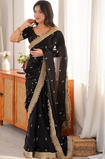 black embellished embroidered satin designer saree