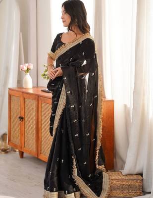 black embellished embroidered satin designer saree 3