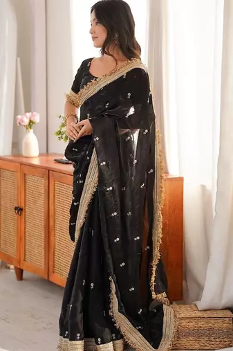 black embellished embroidered satin designer saree