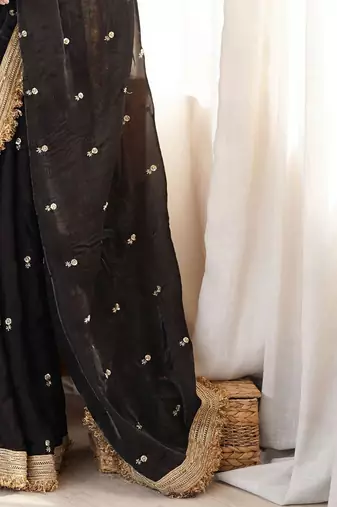black embellished embroidered satin designer saree