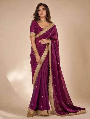 purple embellished zari satin designer saree 1