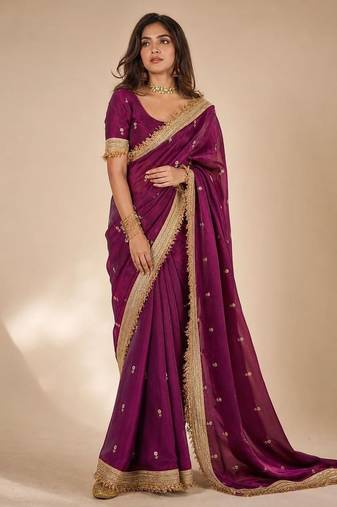 purple embellished zari satin designer saree