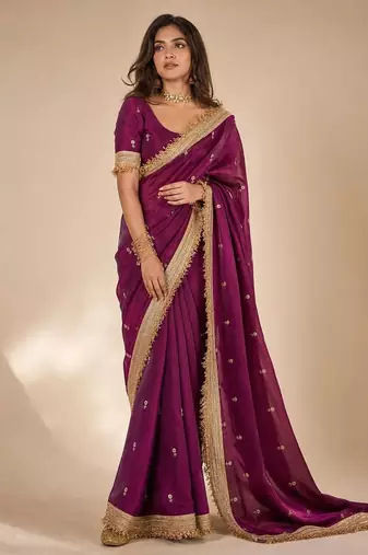 purple embellished zari satin designer saree