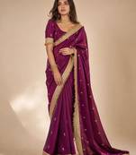 purple embellished zari satin designer saree