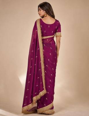 purple embellished zari satin designer saree 2