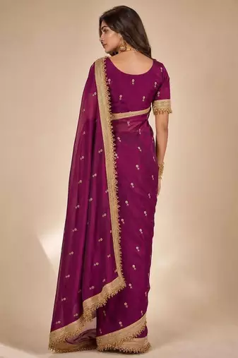 purple embellished zari satin designer saree