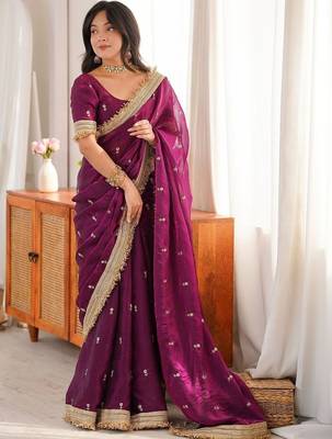 purple embellished zari satin designer saree 3