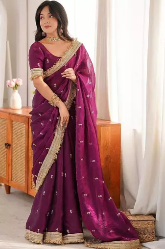 purple embellished zari satin designer saree