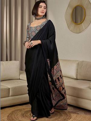 black ajrak satin ready to wear block printed saree 1