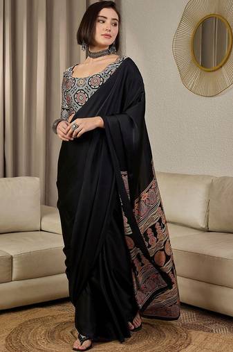 black ajrak satin ready to wear block printed saree