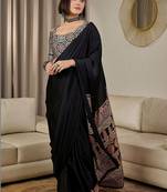 black ajrak satin ready to wear block printed saree
