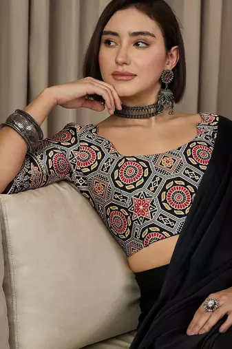 black ajrak satin ready to wear block printed saree