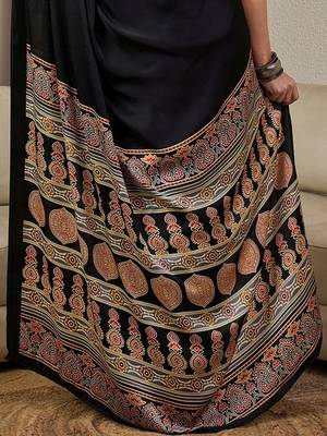 black ajrak satin ready to wear block printed saree 3