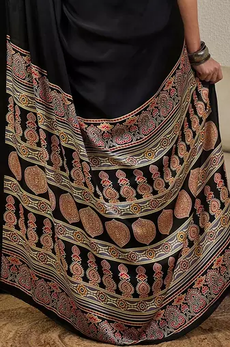 black ajrak satin ready to wear block printed saree