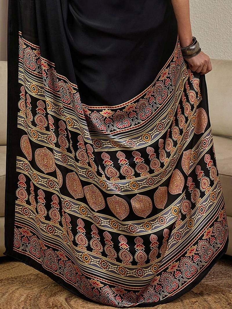 black ajrak satin ready to wear block printed saree