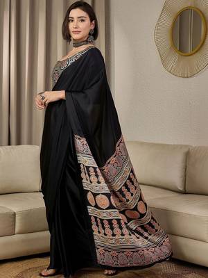 black ajrak satin ready to wear block printed saree 5