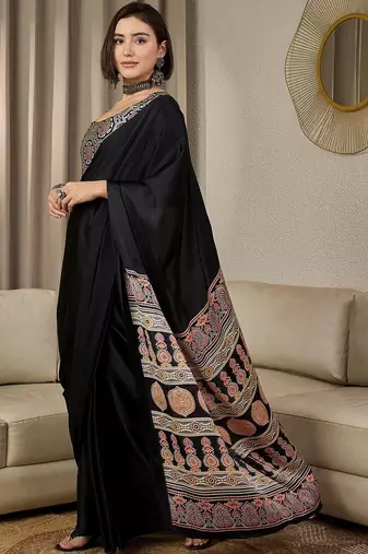 black ajrak satin ready to wear block printed saree