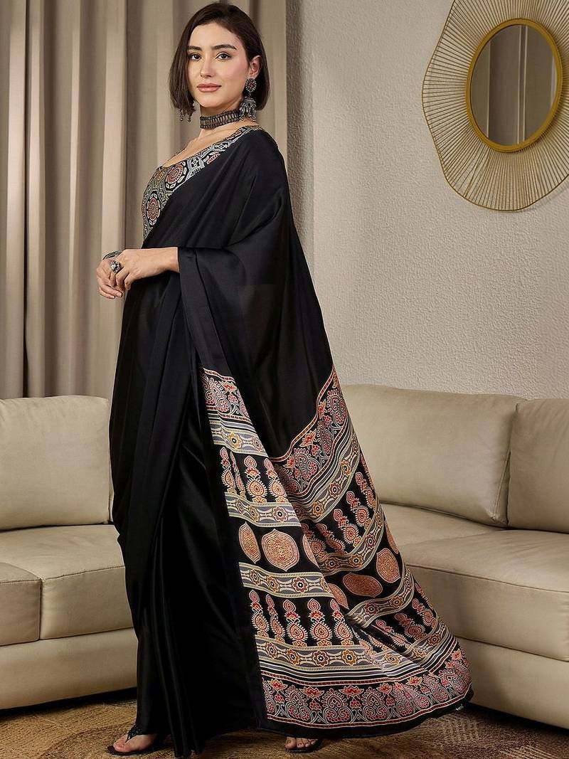 black ajrak satin ready to wear block printed saree