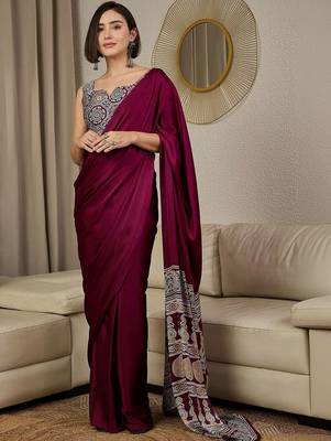 burgundy ajrak satin ready to wear block printed saree 1