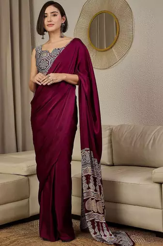 burgundy ajrak satin ready to wear block printed saree