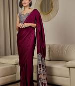 burgundy ajrak satin ready to wear block printed saree