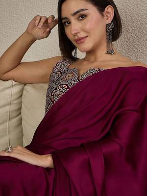 burgundy ajrak satin ready to wear block printed saree 2
