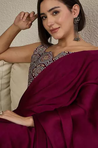 burgundy ajrak satin ready to wear block printed saree