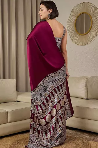 burgundy ajrak satin ready to wear block printed saree