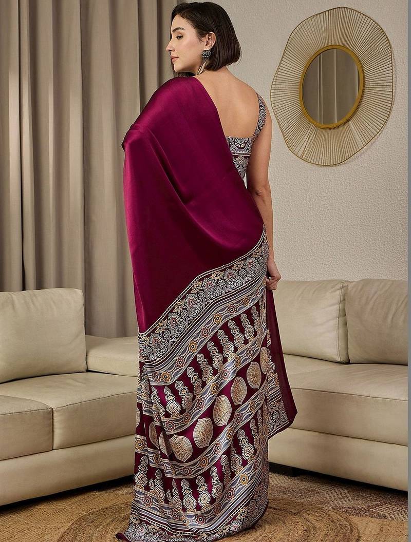burgundy ajrak satin ready to wear block printed saree