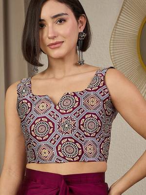 burgundy ajrak satin ready to wear block printed saree 4