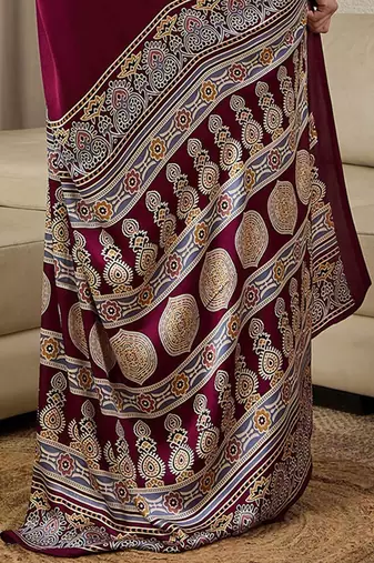 burgundy ajrak satin ready to wear block printed saree