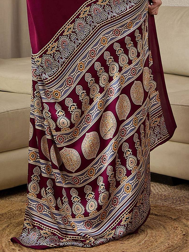 burgundy ajrak satin ready to wear block printed saree